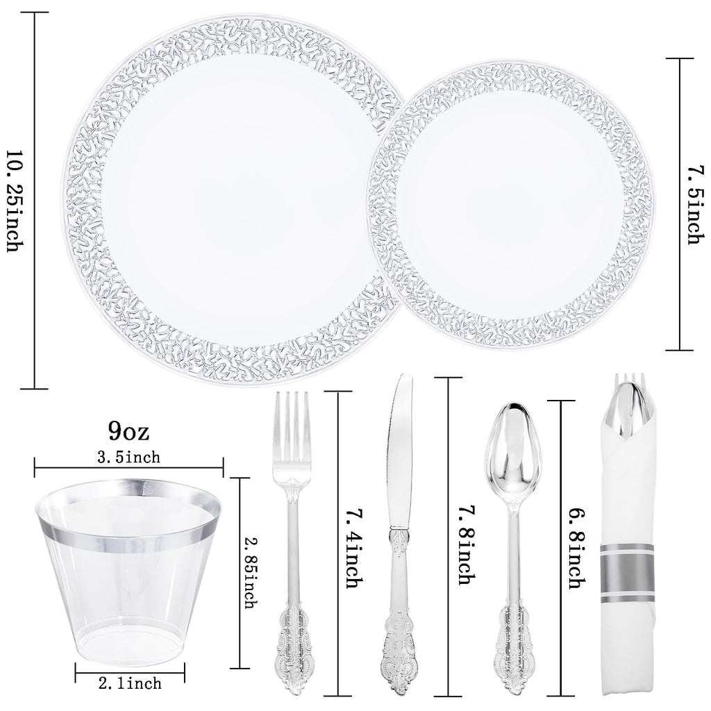 DaYammi 350PCS Gold Plastic Dinnerware Set for 50 Guests, Fancy Disposable Plates for Party, Include: 50 Dinner Plates, 50 Dessert Plates, 50 Pre Rolled Napkins with Gold Silverware, 50 Cups