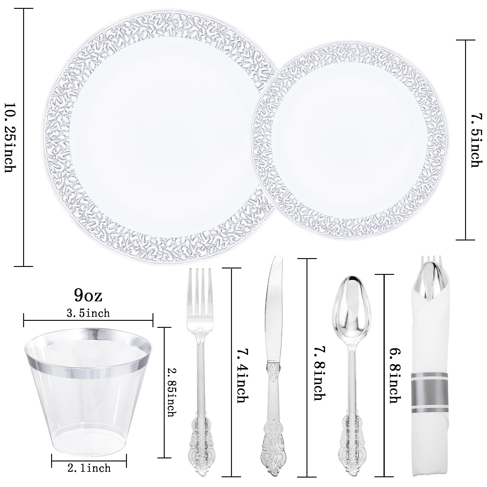 DaYammi 350PCS Gold Plastic Dinnerware Set for 50 Guests, Fancy Disposable Plates for Party, Include: 50 Dinner Plates, 50 Dessert Plates, 50 Pre Rolled Napkins with Gold Silverware, 50 Cups