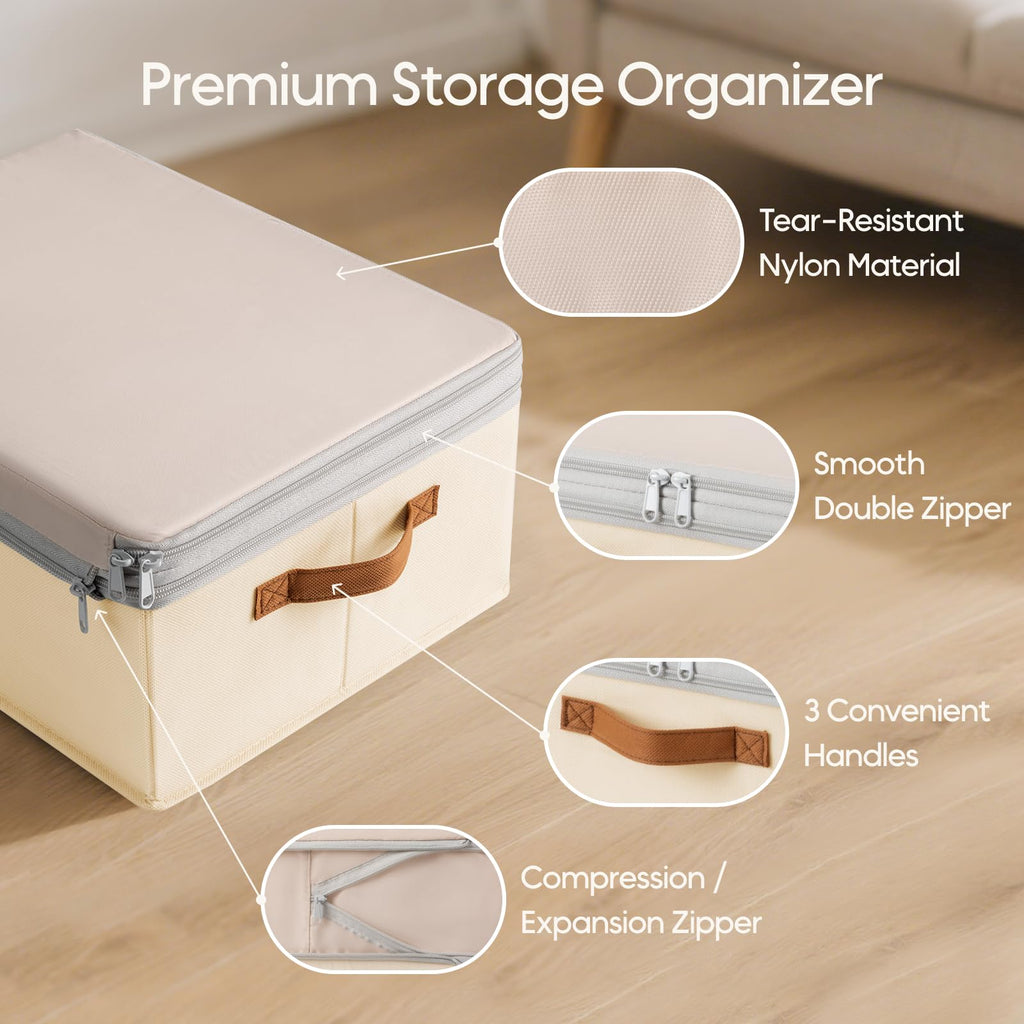 Homsorout Large Closet Storage Bins - Compression Organizer Bins, Stackable Closet Organizer, Expandable Under Bed Storage Containers for Clothes, Towels, Sheet, 2 Pack, Beige