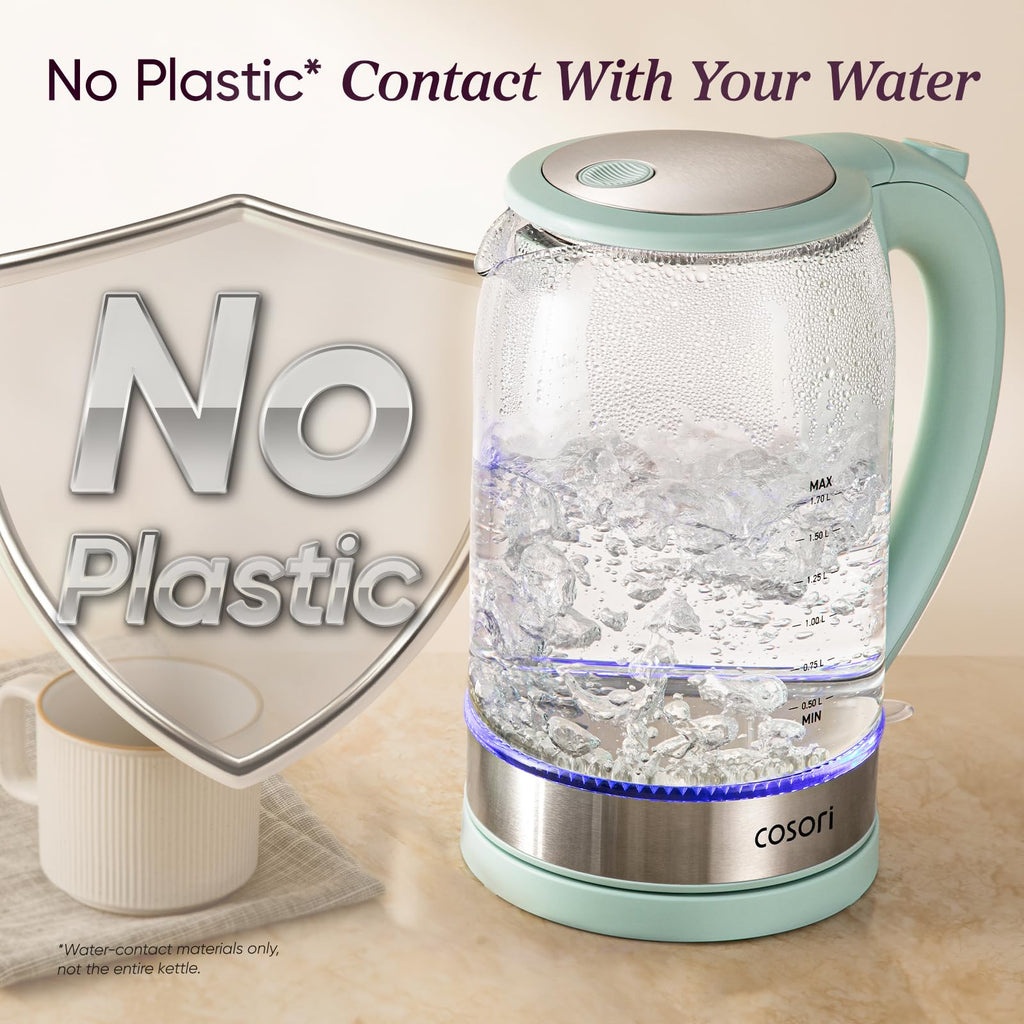 Cosori Electric Kettle, No Plastic Contact With Water, Wide Mouth For Easy Cleaning, Auto Shut Off, 1.7L Tea Kettle & Hot Water Boiler, Water Heater & Teapot, Borosilicate Glass, Black, 1500W
