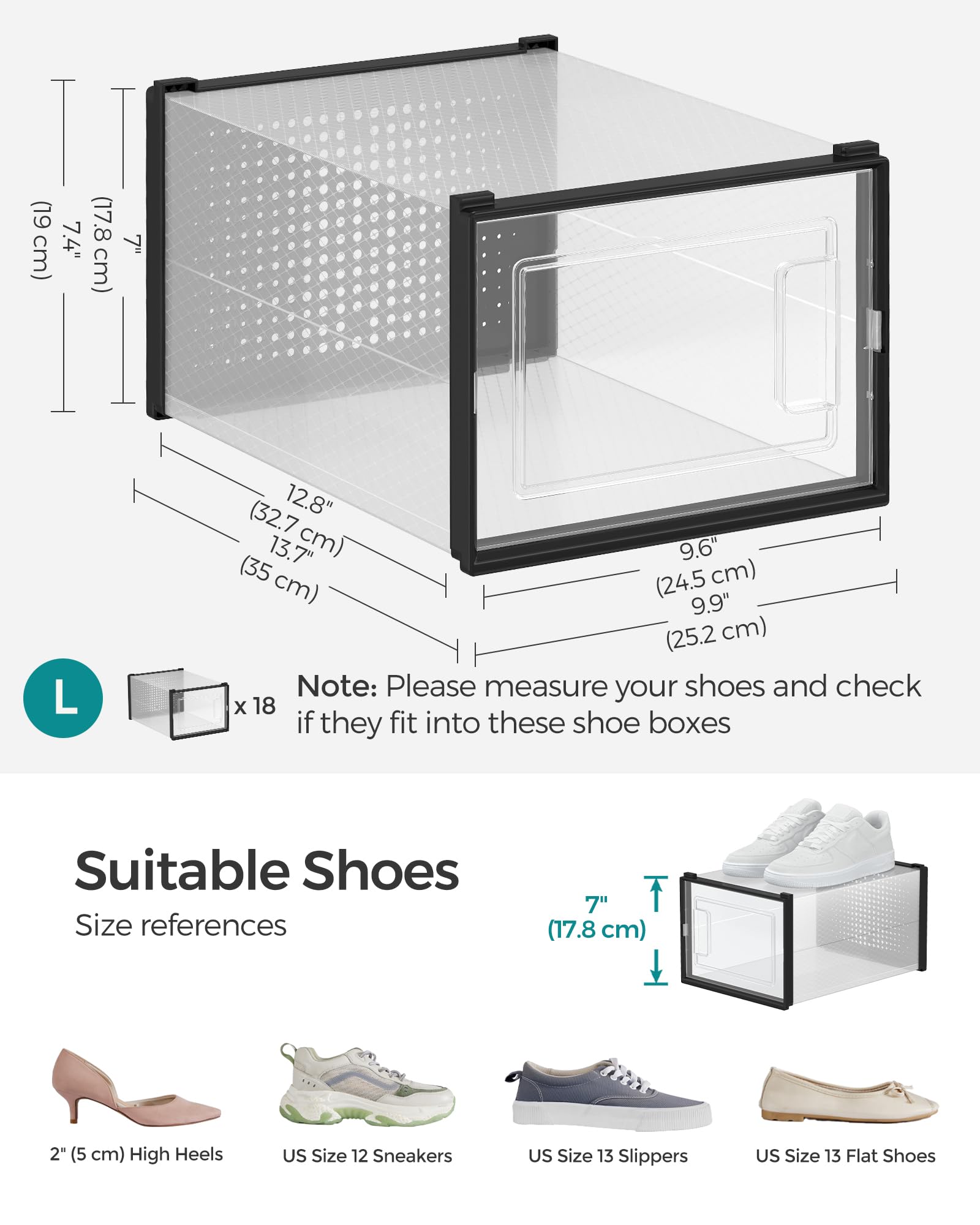SONGMICS Shoe Boxes, Pack of 12 Shoe Storage Organizers, Stackable Clear Plastic Boxes for Closet, Sneakers, 13.1 x 9.1 x 5.6 Inches, Transparent and White ULSP12SWT