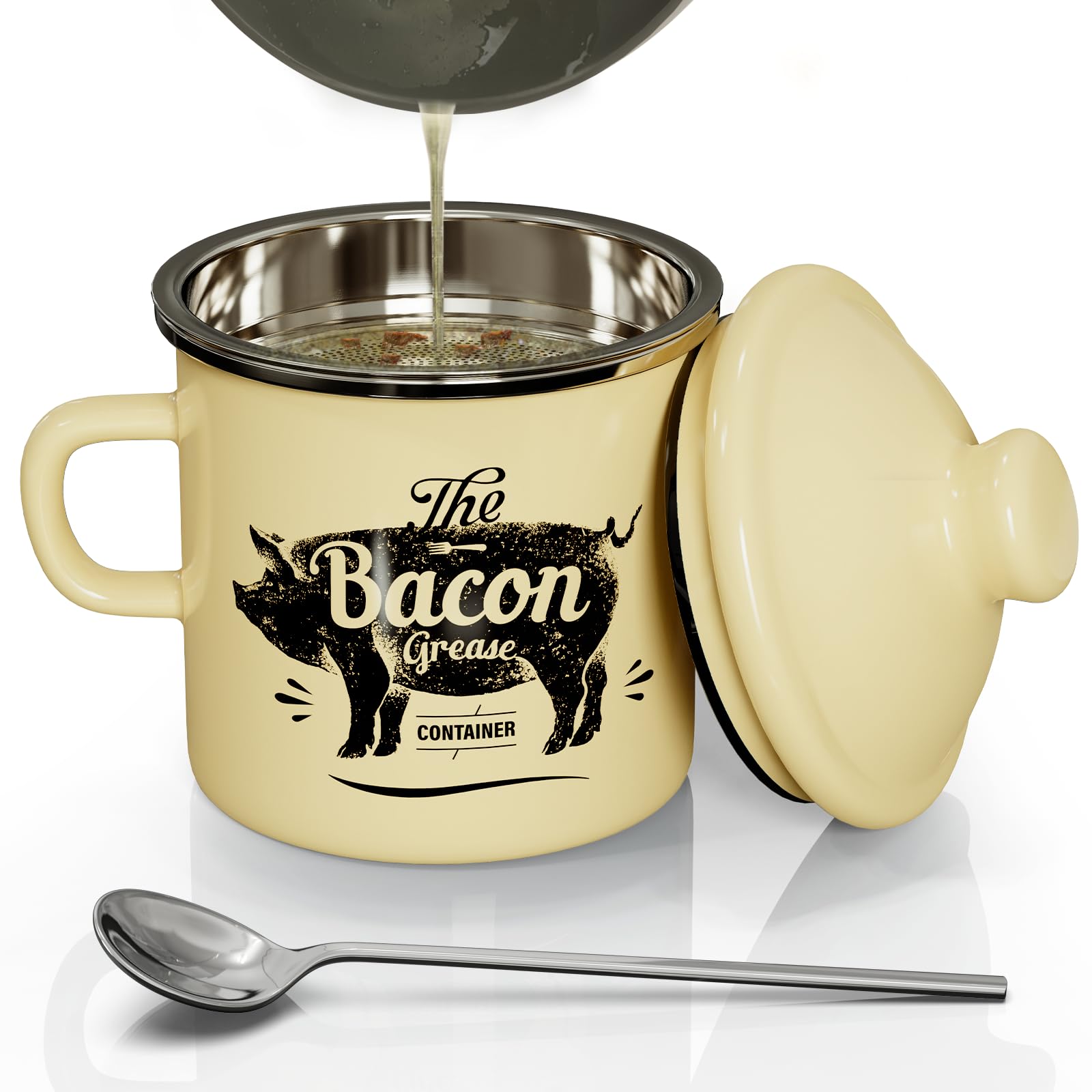 PGYARD Mini Bacon Grease Container With Strainer - 15OZ Enamel Grease Saver, Farmhouse Bacon Grease Keeper For Kitchen Fat Storage, Dishwasher Safe-Red