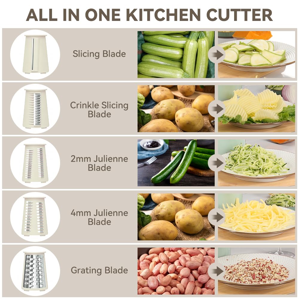KEOUKE Rotary Cheese Grater 5 in 1 Green - Hand Crank Vegetable Cutter, Shredder, Slicer, Enlarge Input, Suction Base, Labor-Saving Handle, Blade Storage Box, for Onion, Potato, Vegetable, Nuts, etc