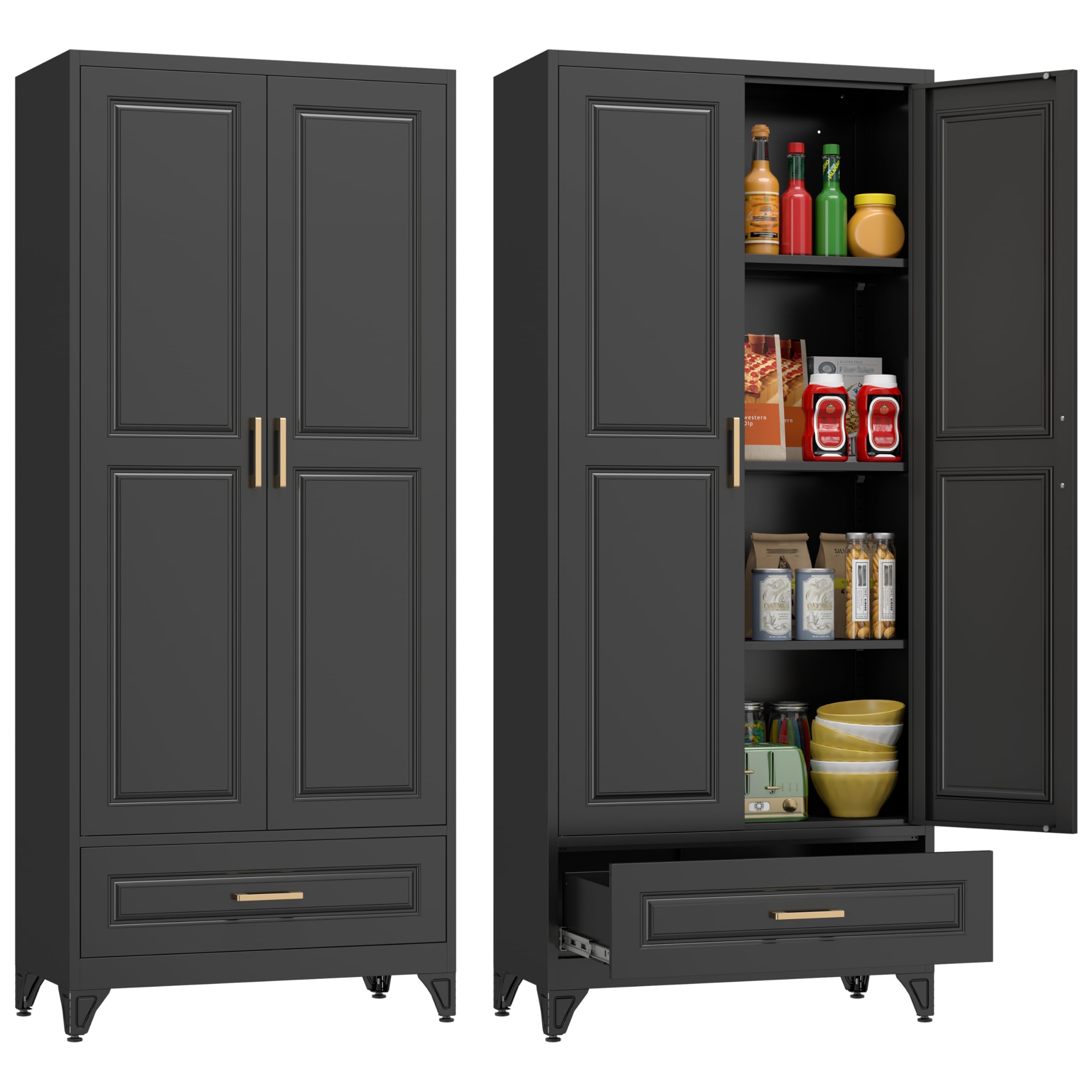 Polup White Kitchen Pantry Cabinet, 71 Inch Tall Metal Storage Cabinet with Doors and Shelves, Pantry Cabinets for Kitchen Storage, Freestanding Cupboard for Living, Dining Room, Assemble Required