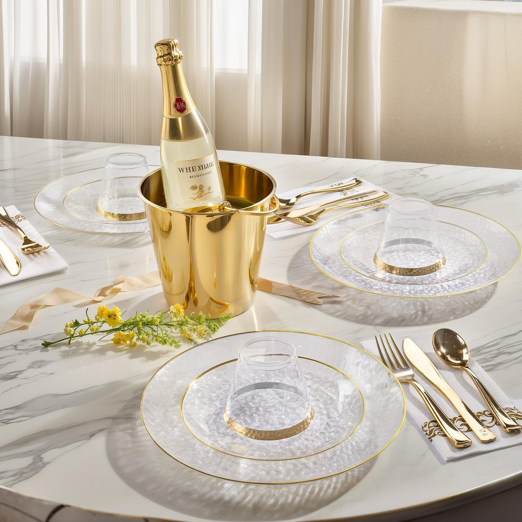 DaYammi 350PCS Clear Gold Plastic Dinnerware Set for 50 Guests, Hammered Disposable Plates for Party, Include: 50 Dinner Plates, 50 Dessert Plates, 150 Gold Silverware, 50 Napkins, 50 Cups