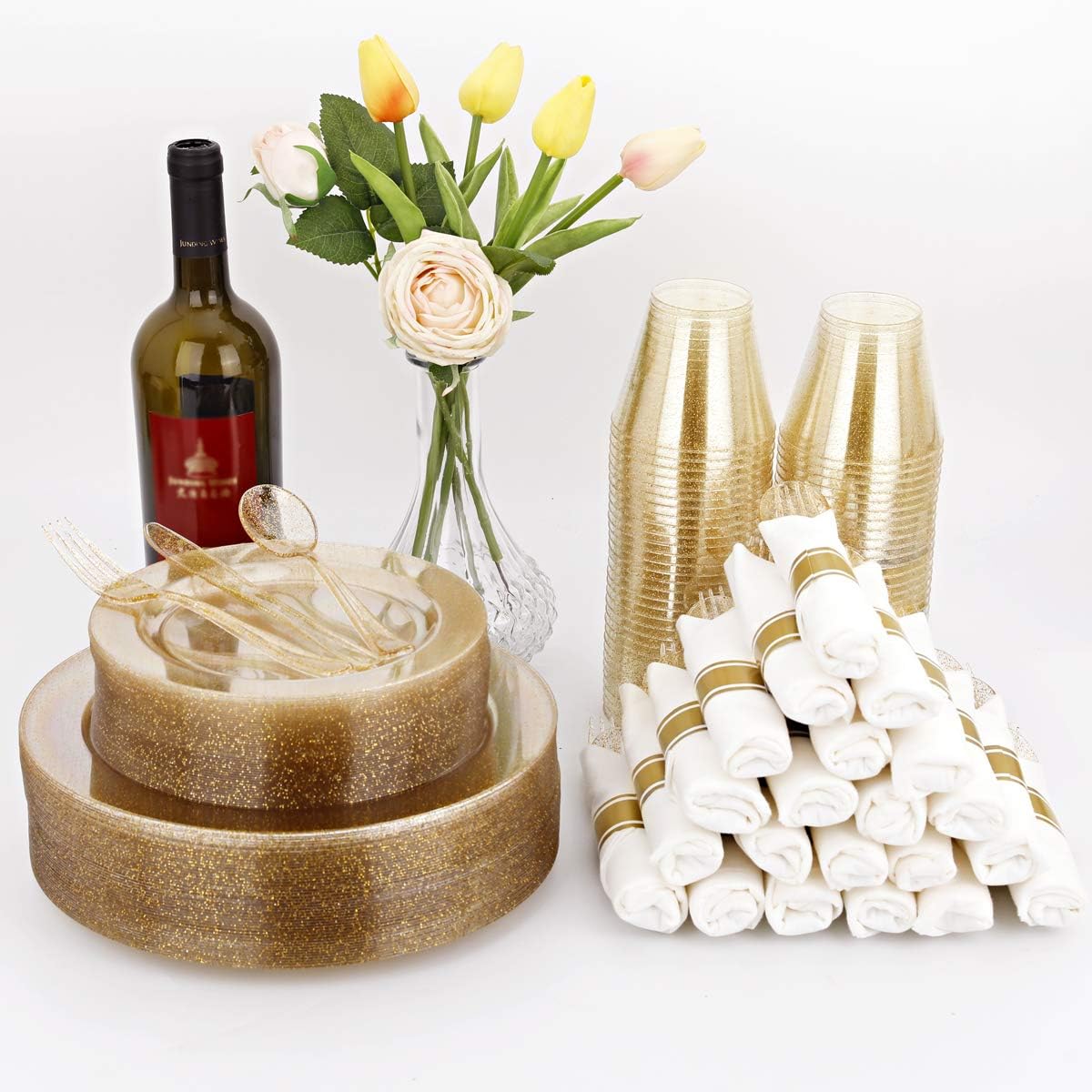 DaYammi 462 Pieces Gold Glitter Dinnerware Set 66 Guest for party- 66 Dinner Plates, 66 Dessert Plates -66 Per Rolled Napkins with Gold Cutlery - 66 Disposable Cups 9 OZ