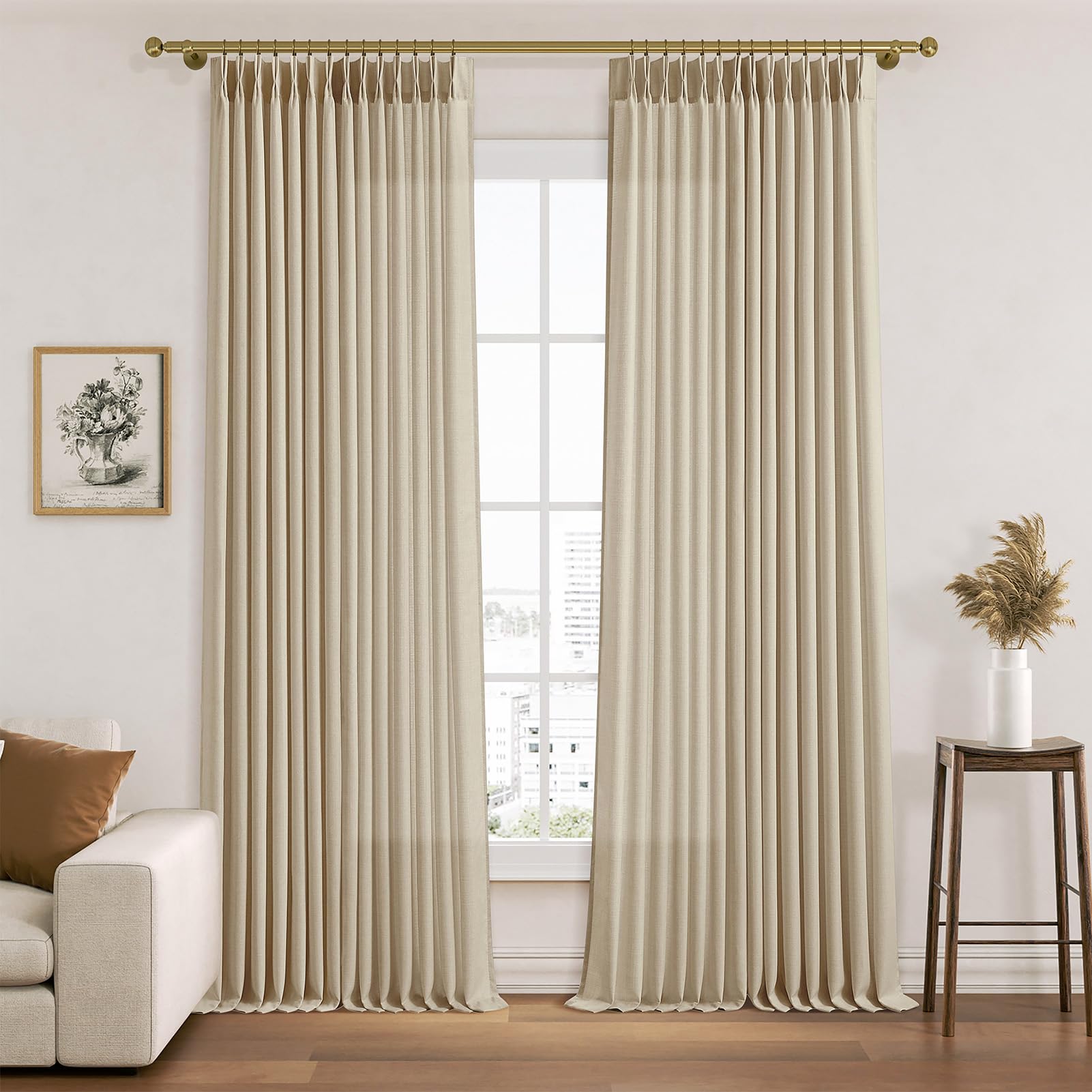 Pinch Pleated Linen Curtains 96 Inches Extra Long Olive Green Drapes, Thick Linen Light Filtering Memory Trained Pleat Curtain for Living Room and Bedroom Privacy 2 Panels Texture with Back Tab