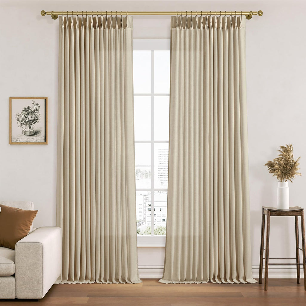 Pinch Pleated Linen Curtains 96 Inches Extra Long Olive Green Drapes, Thick Linen Light Filtering Memory Trained Pleat Curtain for Living Room and Bedroom Privacy 2 Panels Texture with Back Tab