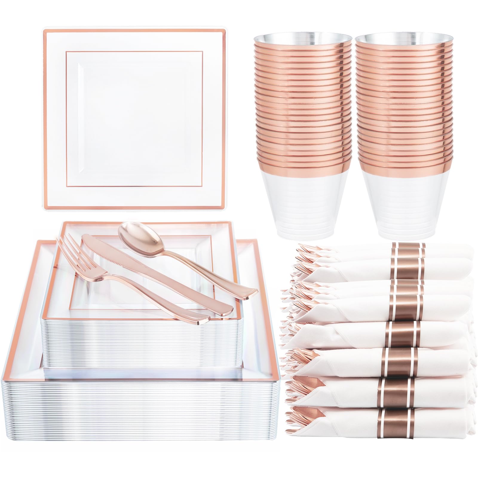 DaYammi 210Pcs White Gold Plastic Plates for Party,Gold Disposable Dinnerware Set Includes 60 gold Floral Plates,30 Plastic Silverware,30 Per Rolled Napkins,30 Cups for Mother's Day Party Wedding