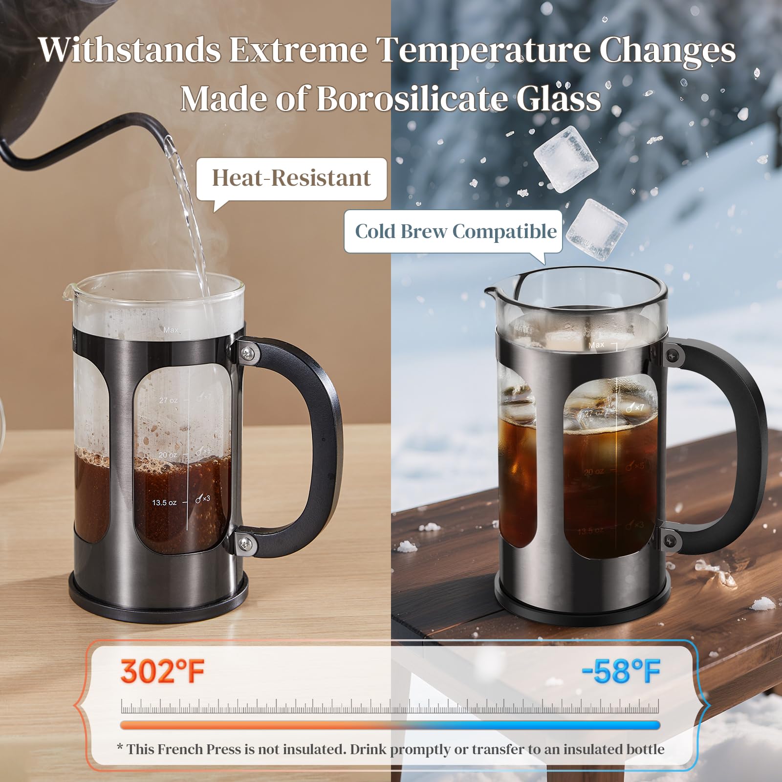 Veken French Press Coffee Maker 21oz 0.6 L, Single Serve Small Pot, Heat Resistant Thickened Borosilicate Glass, Stainless Steel Brewer, Cold Brew Cafetera Teapot for Kitchen Travel Camping, Copper