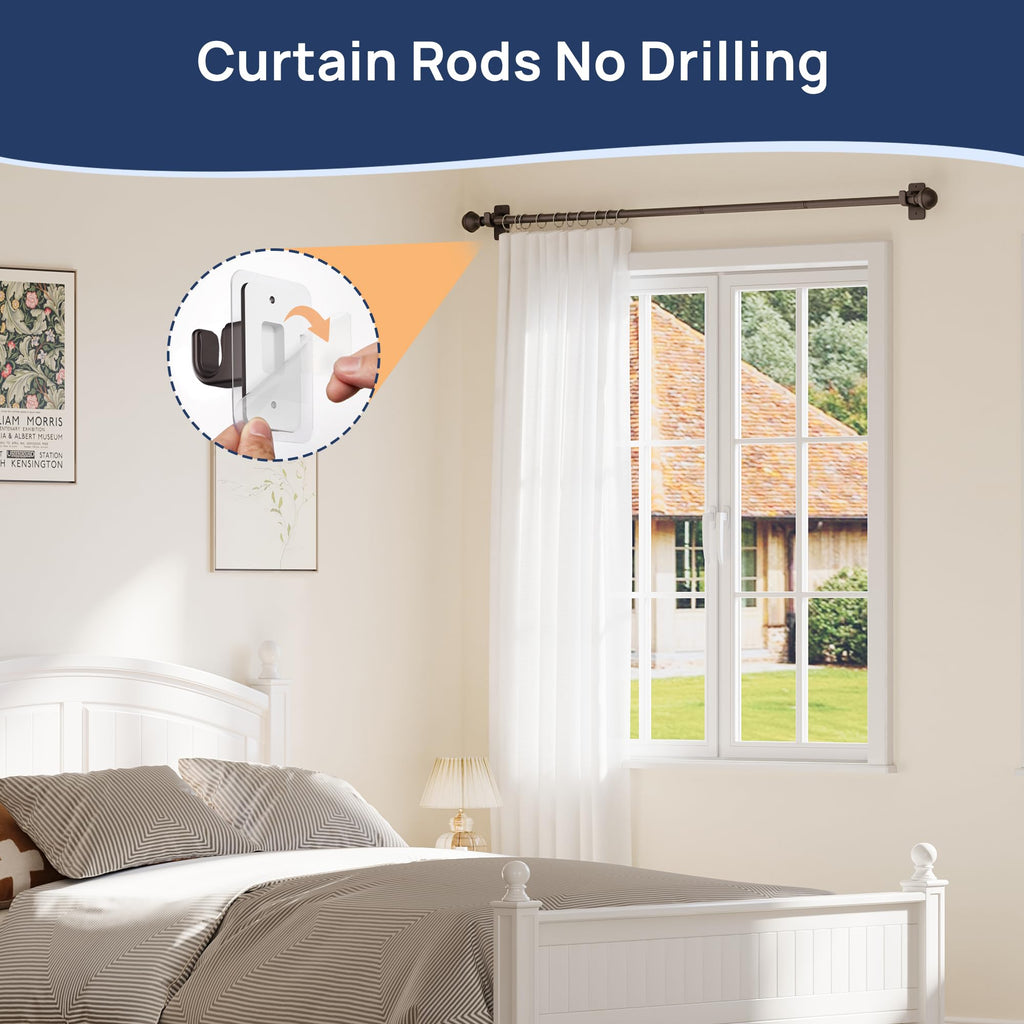 ENJOYBASICS No Drill Curtain Rods for Window 28 to 47 Inches, 5/8 Inch Diameter Renter Friendly Drapery Rod with Adhesive Brackets without Drilling, Adjustable from 27 to 52 Inches, Black