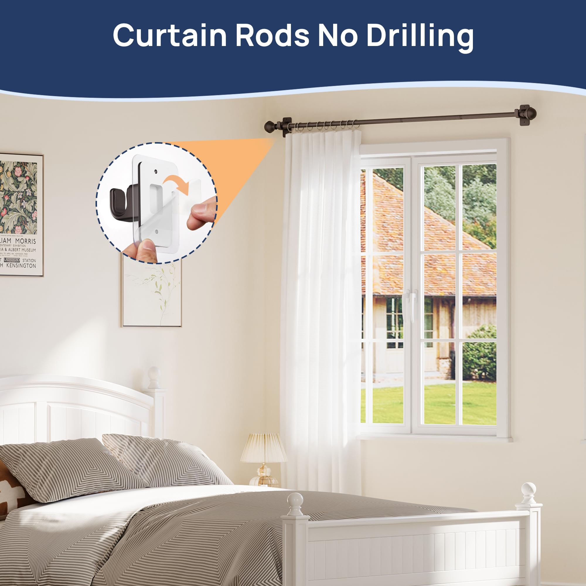 ENJOYBASICS No Drill Curtain Rods for Window 28 to 47 Inches, 5/8 Inch Diameter Renter Friendly Drapery Rod with Adhesive Brackets without Drilling, Adjustable from 27 to 52 Inches, Black