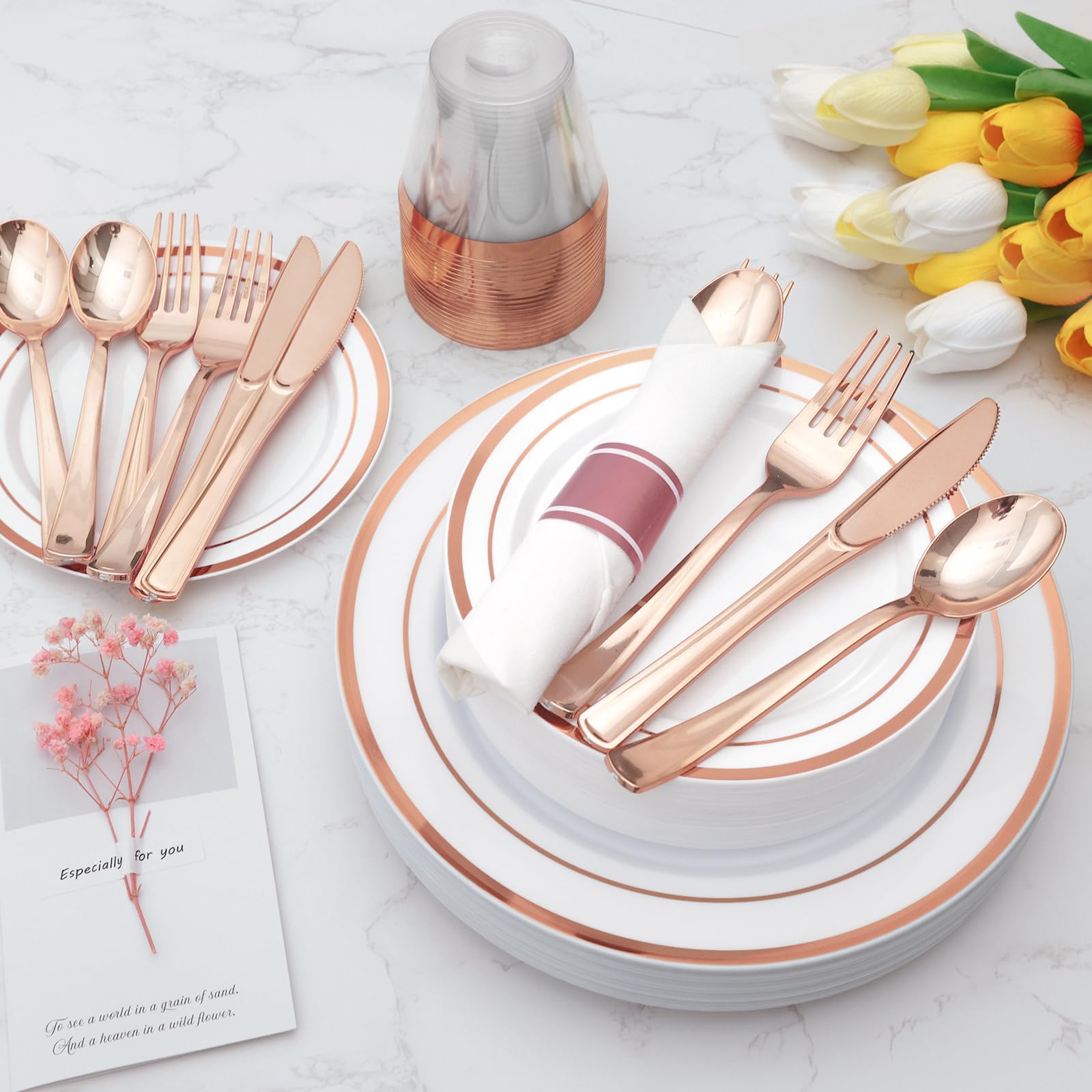 Goodluck 350 Piece Silver Plastic Dinnerware Set for 50 Guests, Fancy Disposable Plates for Party, Include: 50 Dinner Plates, 50 Dessert Plates, 50 Pre Rolled Napkins with Silver Silverware, 50 Cups