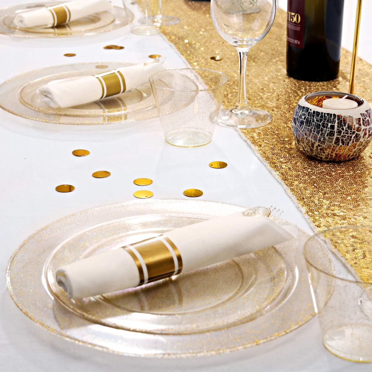 DaYammi 462 Pieces Gold Glitter Dinnerware Set 66 Guest for party- 66 Dinner Plates, 66 Dessert Plates -66 Per Rolled Napkins with Gold Cutlery - 66 Disposable Cups 9 OZ