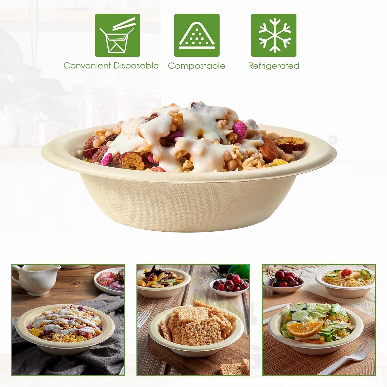 Vplus 150 Pack Compostable Disposable Paper Plates 9 inch and 500 Pack 12 OZ Paper Bowls