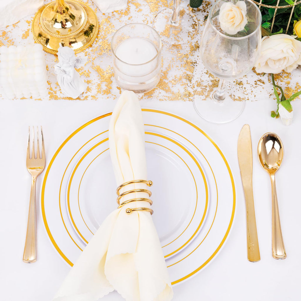 DaYammi 150pcs Gold Plastic Dinnerware Sets, Includes: 30 Gold Rim Dinner Plates, 30 Salad Plates, 30 Plastic Silverware Set, Perfect Fancy Disposable Plates for Party and Wedding