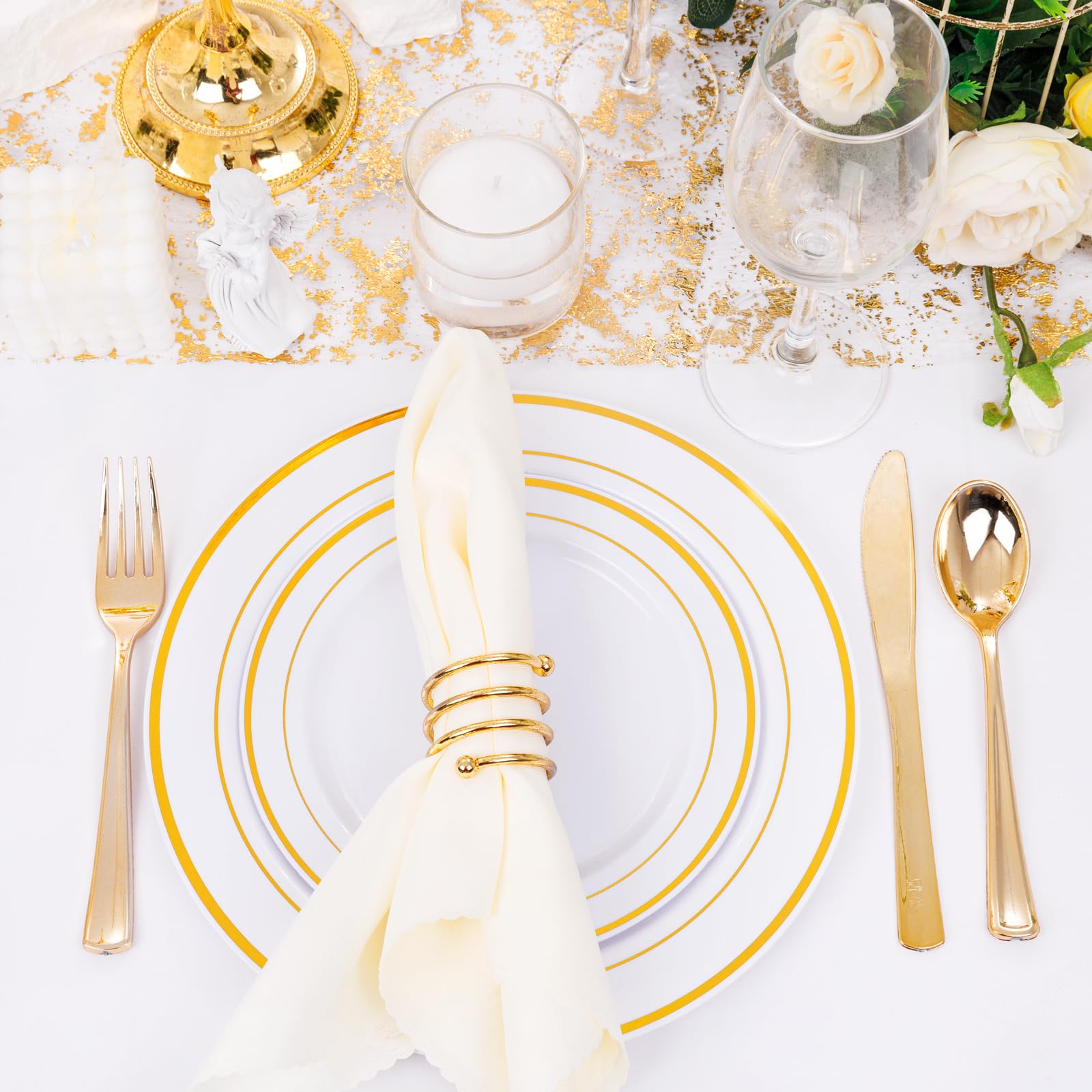 DaYammi 150pcs Gold Plastic Dinnerware Sets, Includes: 30 Gold Rim Dinner Plates, 30 Salad Plates, 30 Plastic Silverware Set, Perfect Fancy Disposable Plates for Party and Wedding