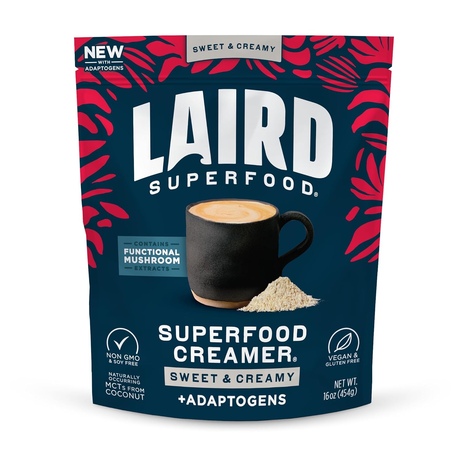 Laird Superfood Non-Dairy Coconut Powder Creamer - Sweet & Creamy + Adaptogens - Superfood Creamer with Functional Mushrooms - Non-GMO, Vegan, 8 oz. Bag, Pack of 1