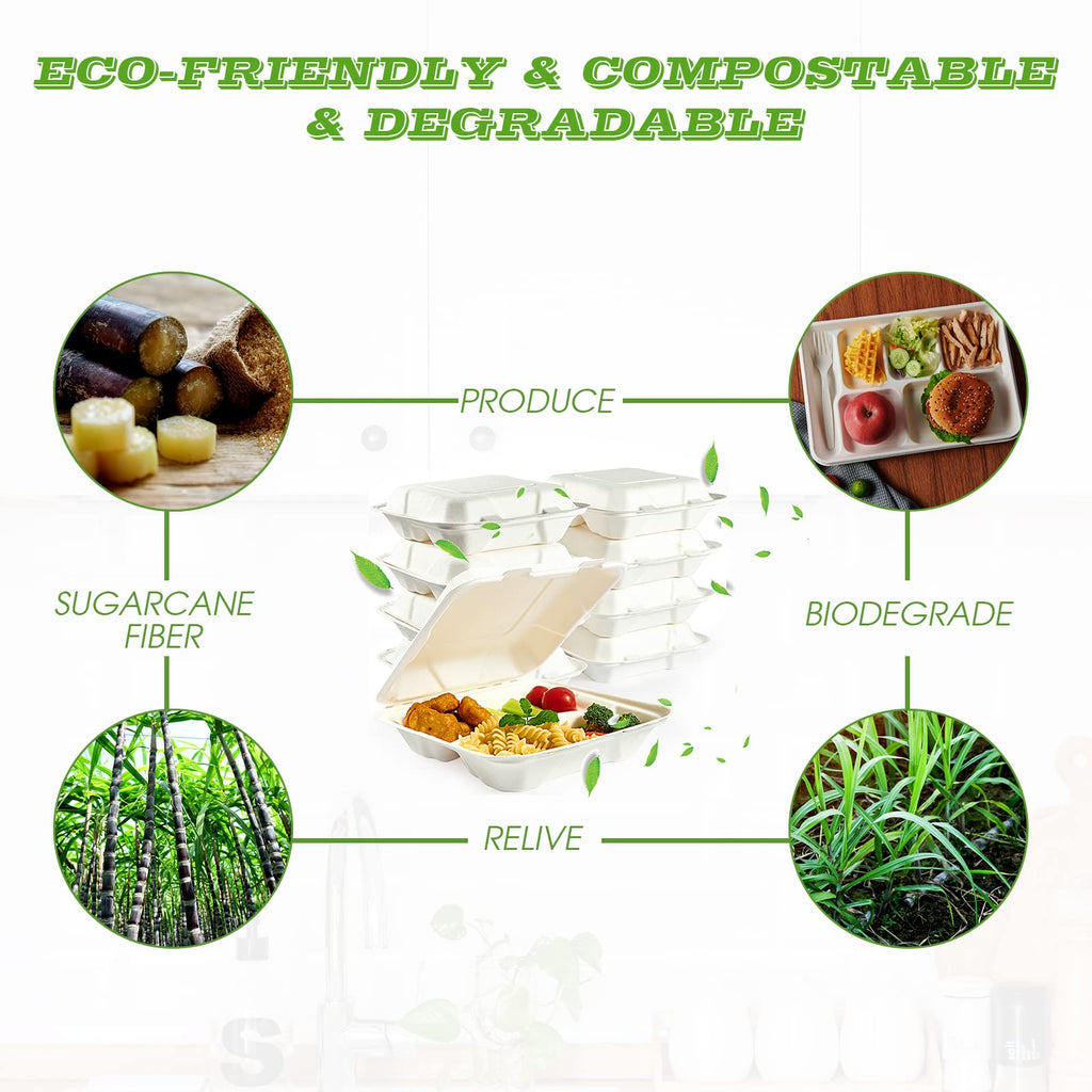 Vplus 100% Compostable Clamshell Take Out Food Containers, 90 PACK 8 inch x 8 inch Eco-Friendly Disposable 3 Compartment, Heavy-Duty Bagasse To-Go Containers for Next Day Lunch, Potluck Party