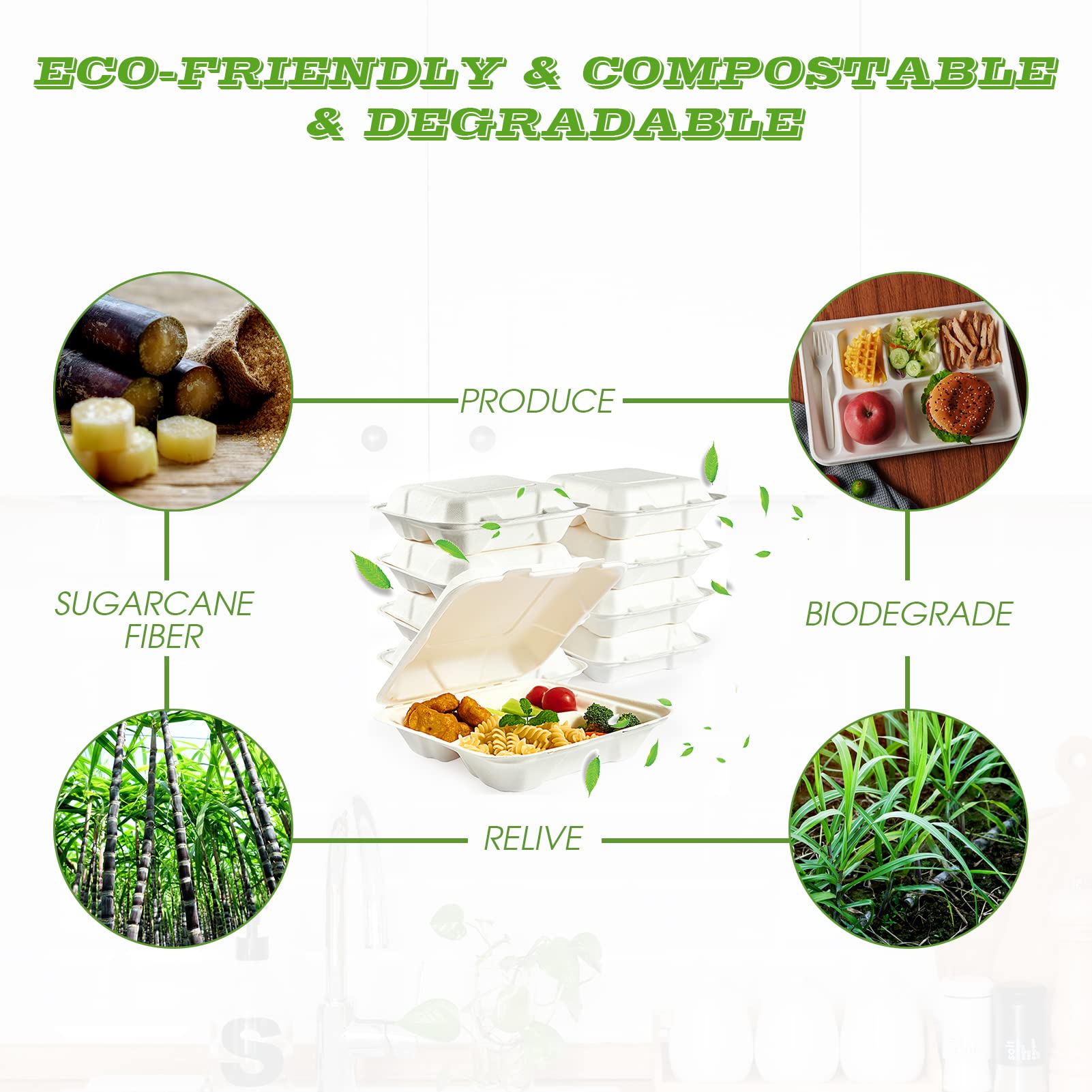 Vplus 100% Compostable Clamshell Take Out Food Containers, 90 PACK 8 inch x 8 inch Eco-Friendly Disposable 3 Compartment, Heavy-Duty Bagasse To-Go Containers for Next Day Lunch, Potluck Party
