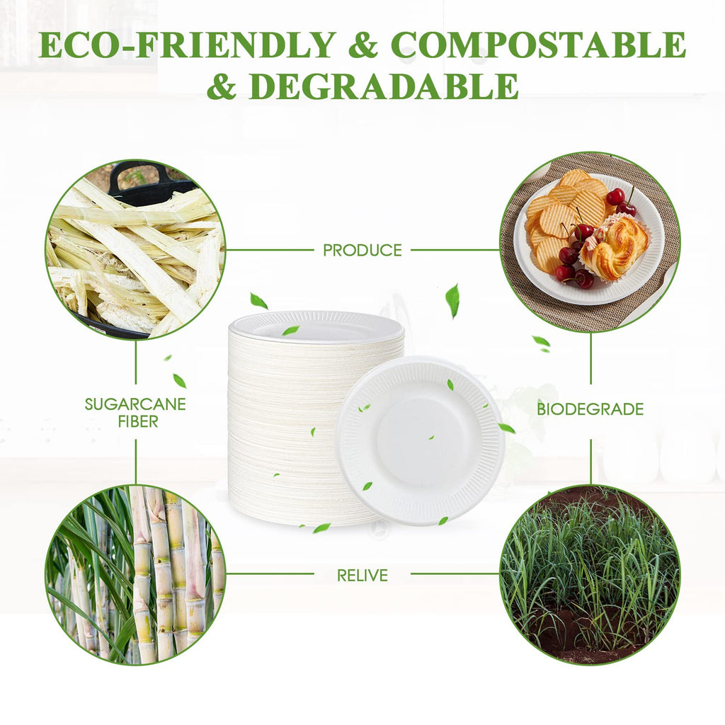 Vplus 100% Compostable Small Paper Plates, 300 Pack 6 Inch Disposable Paper Plates, Uncoated Biodegradable, Made of Sugar Cane Fibers, Perfect for Sandwich, Cake, and Snack