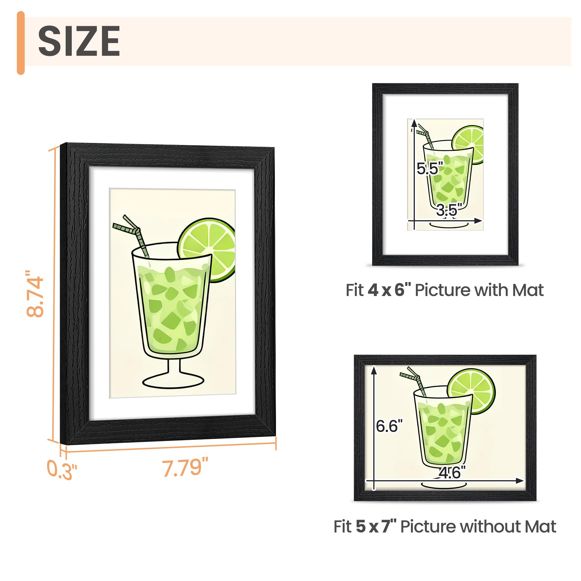 upsimples 8x10 Picture Frame, Lightweight Thin Frame for Prints, Display 5x7 with Mat or 8x10 Without, Easy Wall Hanging, Black 2 Pack