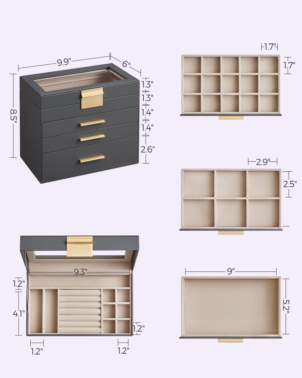 SONGMICS GISELLA Collection - Jewelry Box Organizer, 3-Layer Jewelry Storage with 2 Drawers, Shiny Metal Hardware, Glass Lid, Modern, 8 x 9.1 x 5.3 Inches, Cloud White and Gold Color UJBC239WT
