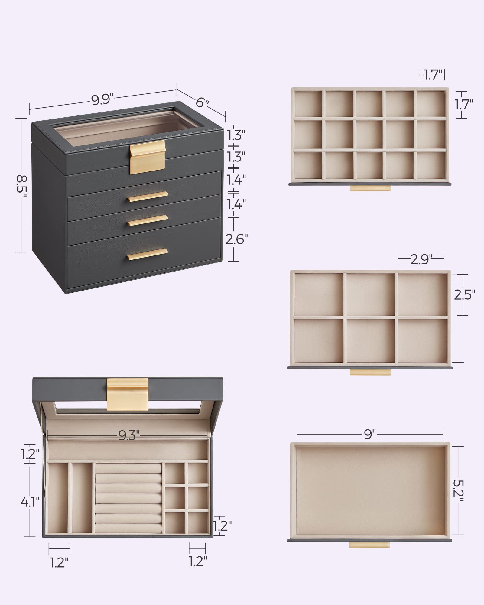 SONGMICS GISELLA Collection - Jewelry Box Organizer, 3-Layer Jewelry Storage with 2 Drawers, Shiny Metal Hardware, Glass Lid, Modern, 8 x 9.1 x 5.3 Inches, Cloud White and Gold Color UJBC239WT