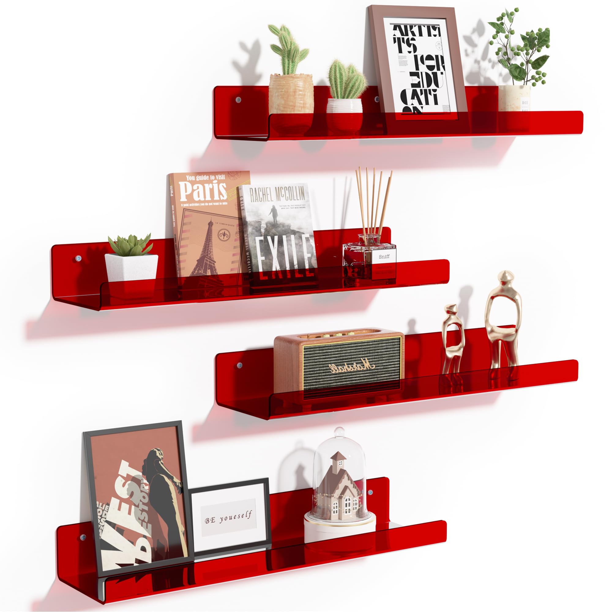 upsimples Acrylic Shelves for Bathroom Storage, 15" Floating Shelves Wall Organizer for Perfume, Make up, Skincare, Kids Bookshelf for Bedroom, Nursery, Living Room Decor, Clear, 4 Pack