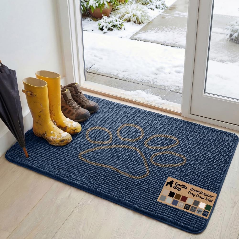 GORILLA GRIP SoakSTOPPER Dog Door Mat, Machine Washable Rug Absorbent Doormat Captures Moisture Mud Dirt, Quick Dry Soft Chenille Entryway Rugs Indoor Entrance Mats for Dog Paws, 24x17 Grey