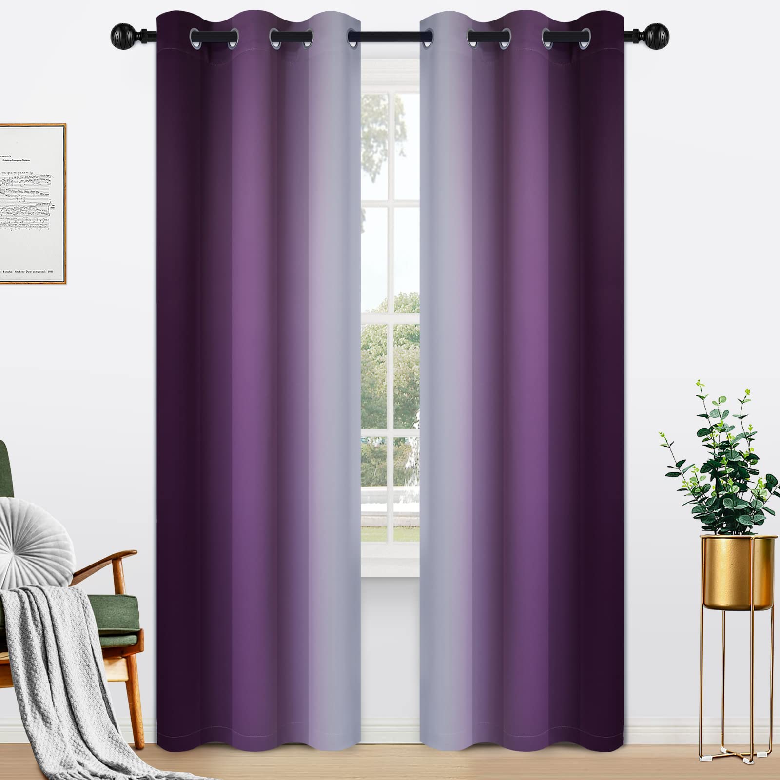 Yakamok Blue and Greyish White Ombre Curtains, Room Darkening Gradient Color Curtains for Bedroom, Light Blocking Thermal Insulated Window Drapes for Living Room(2 Panels, 52x84 Inch)