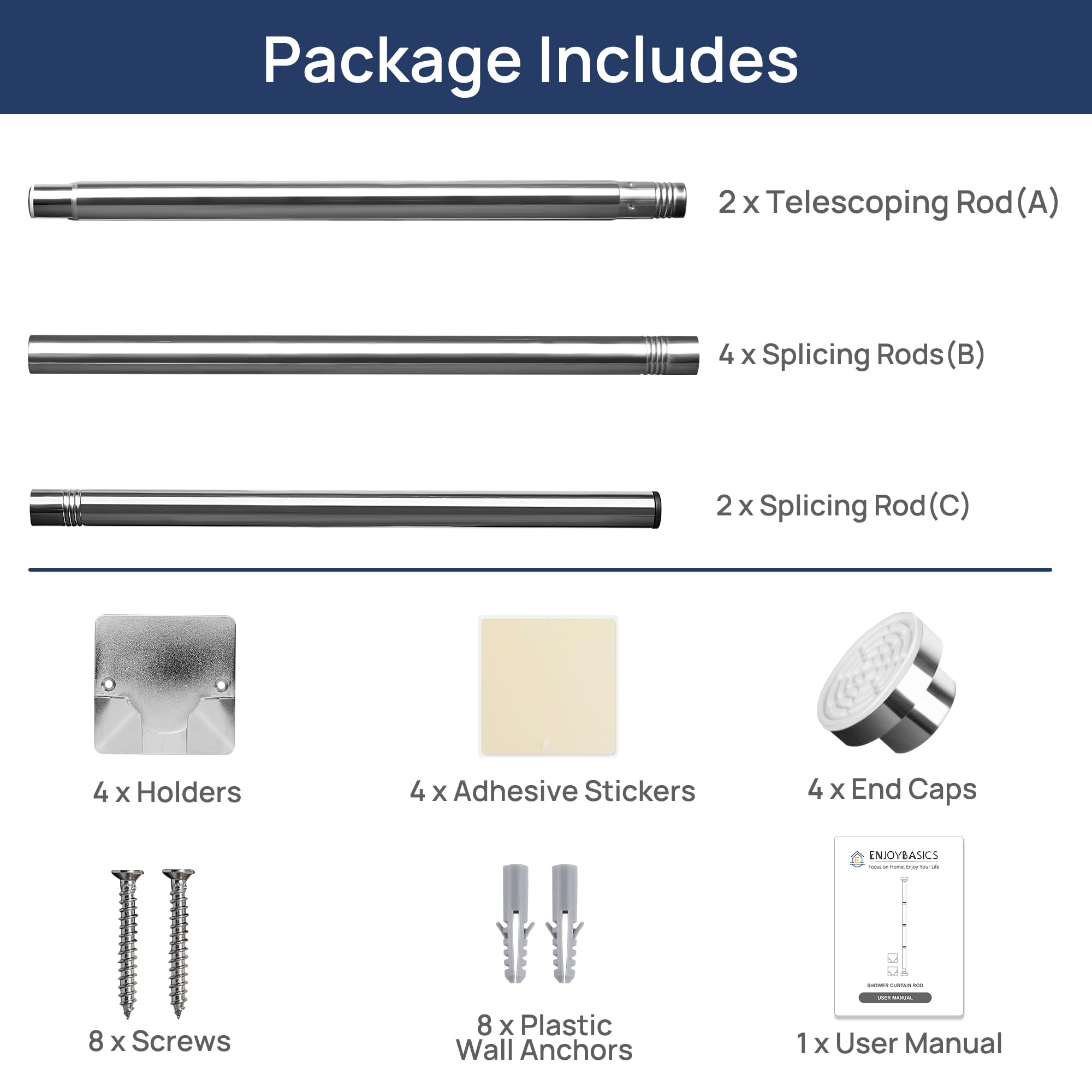 ENJOYBASICS 2 Pack Adjustable Spring Tension Curtain Rods 32 to 66 Inches, Stainless Steel Matte Black Shower Rod No Drilling for Window, Bathroom, Closet, Room Divider, 7/8" Diameter