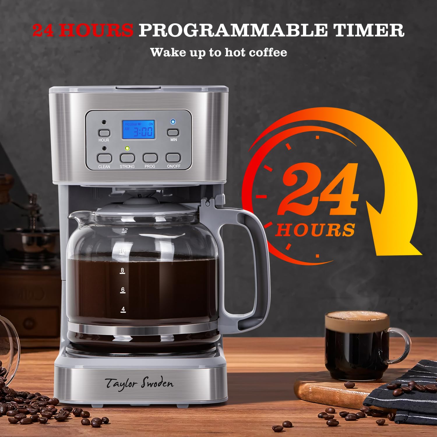 Taylor Swoden 12-Cup Programmable Coffee Maker, Regular & Strong Brew Drip Coffee Machine for Home and Office, Glass Carafe, Pause & Serve, Auto Shut Off, Black & Stainless Steel