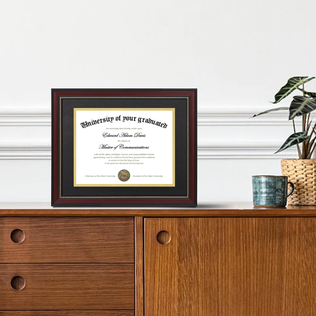 upsimples 11x14 Diploma Frame with High Definition Glass, Display 8.5x11 Certificate with Black over Gold Mat, Degree Document Frame for Wall and Tabletop, Mahogany with Gold Beads, 1 Pack