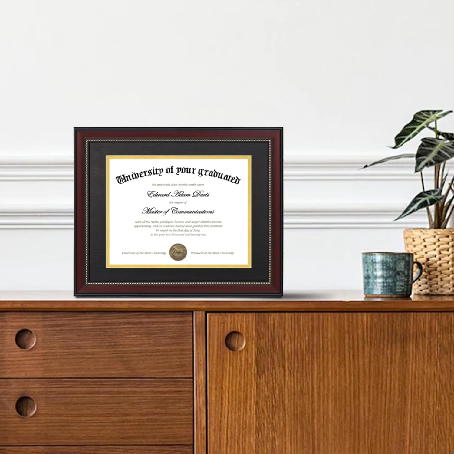 upsimples 11x14 Diploma Frame with High Definition Glass, Display 8.5x11 Certificate with Black over Gold Mat, Degree Document Frame for Wall and Tabletop, Mahogany with Gold Beads, 1 Pack
