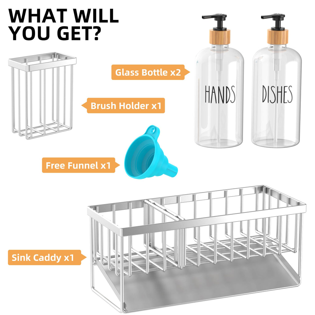 Cisily Kitchen Dish Soap Dispenser Set with 2 Pack 16.9oz Amber Glass Bottle and Sponge Holder, Dish Soap Dispensers with Adjustable Sponge Holder, Vintage Hand and Dish Soap Dispensers Set