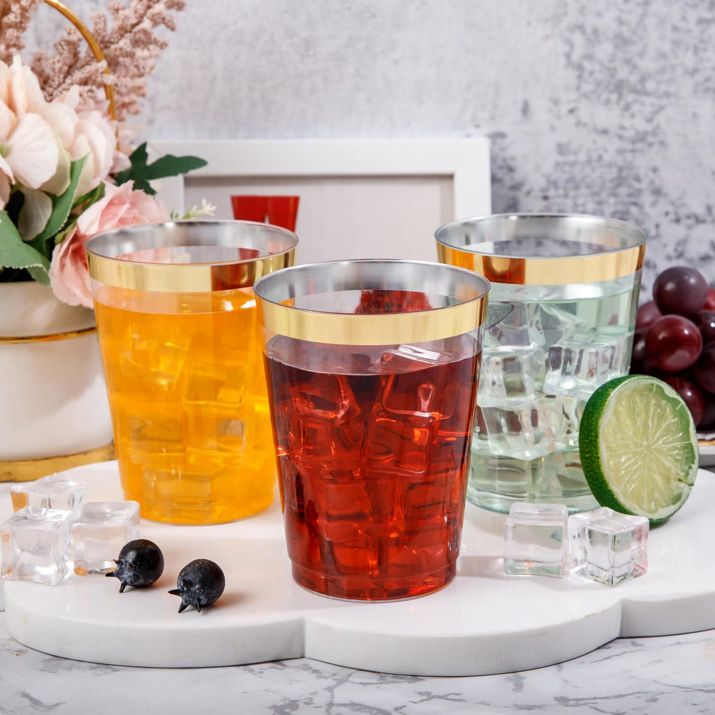 DaYammi 200 Pack Gold Plastic Cups 10 Oz Clear Cup Gold Rimmed Disposable Wine Glasses Fancy Disposable Party Cups Tumblers Drinking Cup Plastic Cocktail Glasses gold disposable cups for Party Wedding