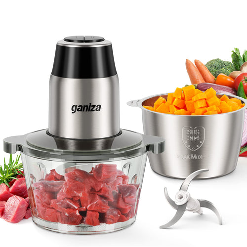 GANIZA Procesadores de alimentos, picadora eléctrica de alimentos con picadora de carne y picadora de verduras, 2 cuencos (8 tazas+8 tazas) con potente motor de cobre de 450 W, incluye 2 juegos de