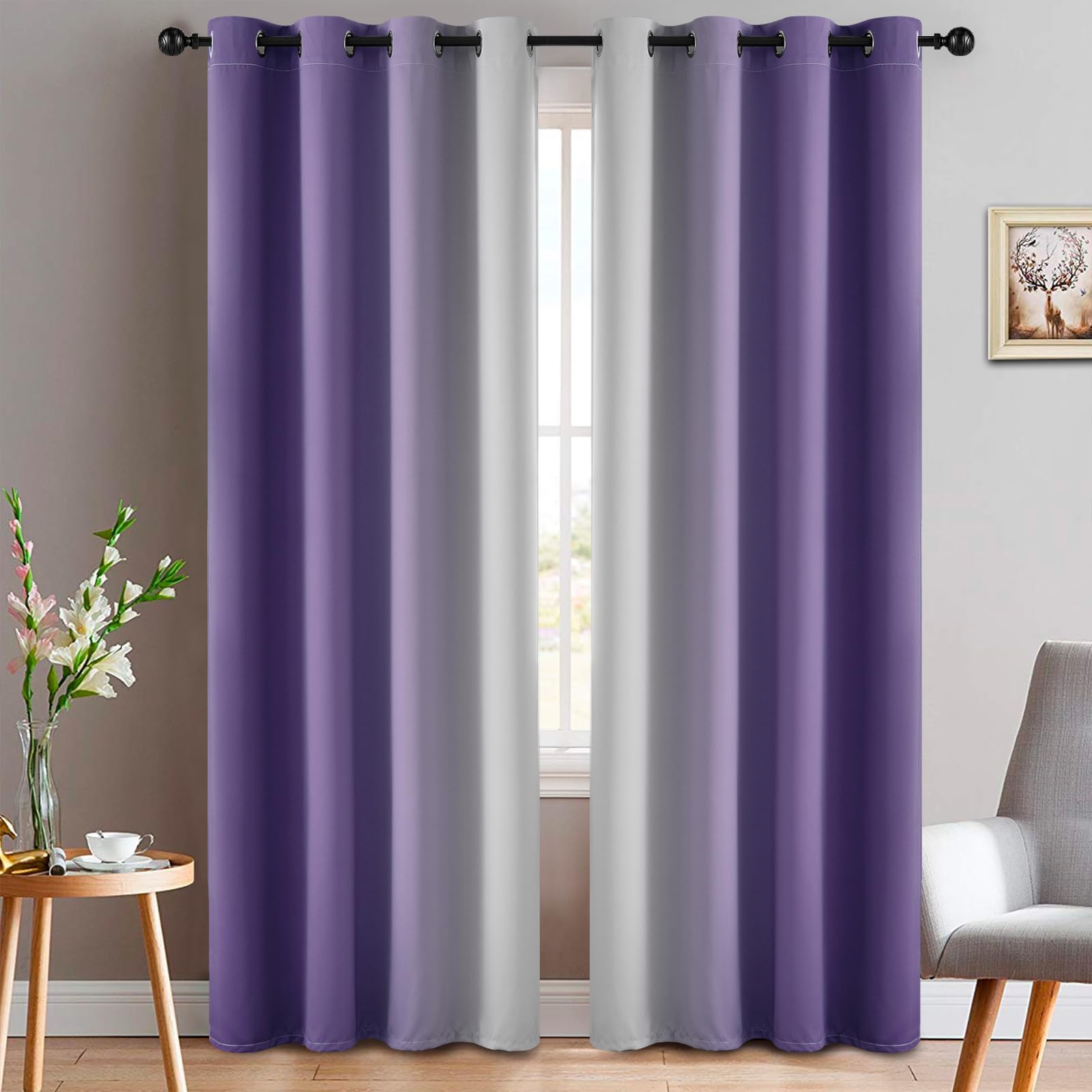 Yakamok Blue and Greyish White Ombre Curtains, Room Darkening Gradient Color Curtains for Bedroom, Light Blocking Thermal Insulated Window Drapes for Living Room(2 Panels, 52x84 Inch)