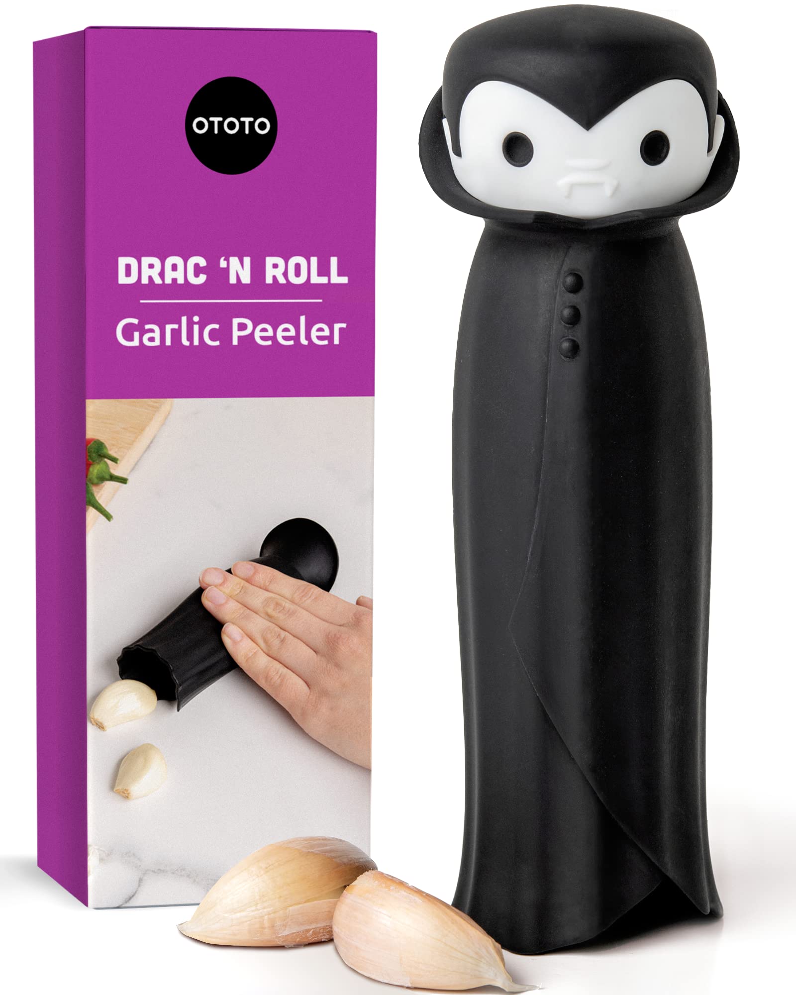 OTOTO Gracula Garlic Crusher, Garlic Mincer, Also for Ginger, Nuts, Chili, Herbs - Twist Top Mincer & Easy Squeeze Manual Press Peeler, Goth Gifts