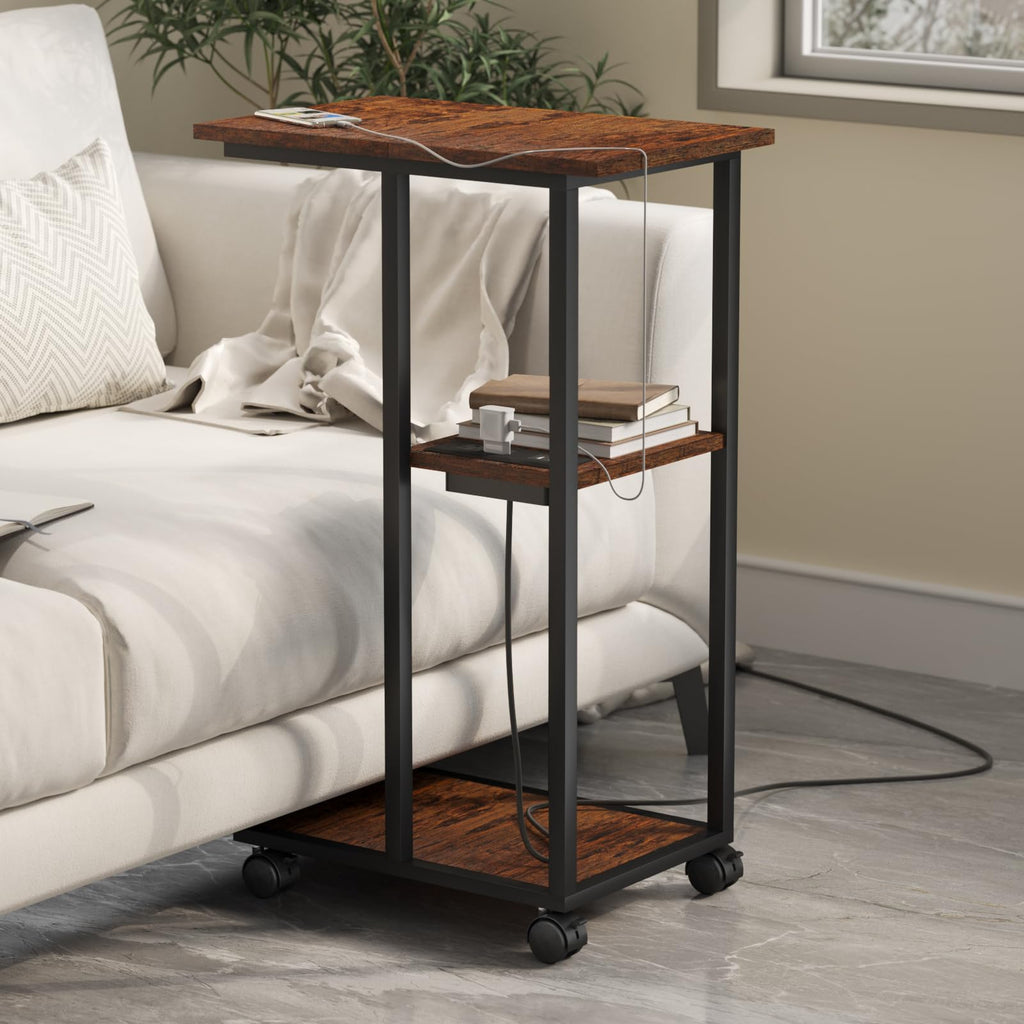 Homsorout C Shaped End Table - C Table on Wheels - Bedside Table with Wheels, Power Outlet and USB - Sofa Table for Living Room, Bedroom, Small Spaces - 27.2'' High, Brown