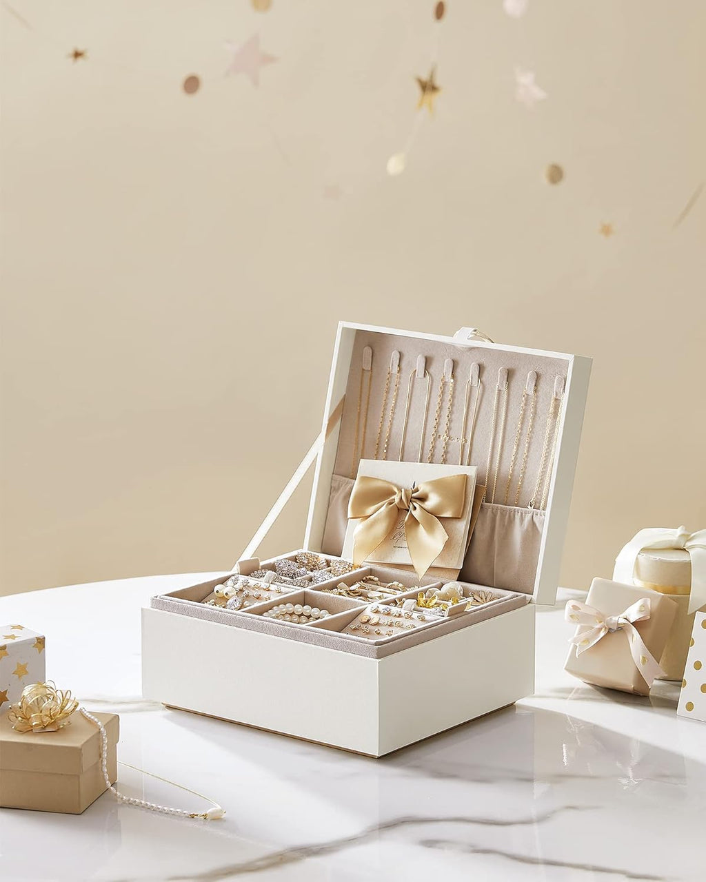 SONGMICS 2-Layer Jewelry Box, Jewelry Organizer with Handle, Removable Jewelry Tray, Jewelry Storage, Floating Effect, 8.1 x 9.4 x 4.3 Inches, Gift Idea, White UJBC165W01