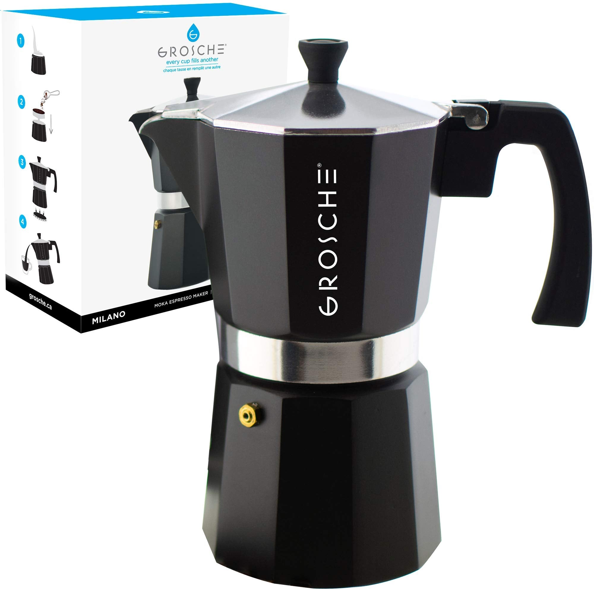 GROSCHE Milano Moka pot, Stovetop Espresso maker, Greca Coffee Maker, Stovetop coffee maker and espresso maker percolator (Grey, 6 cup)