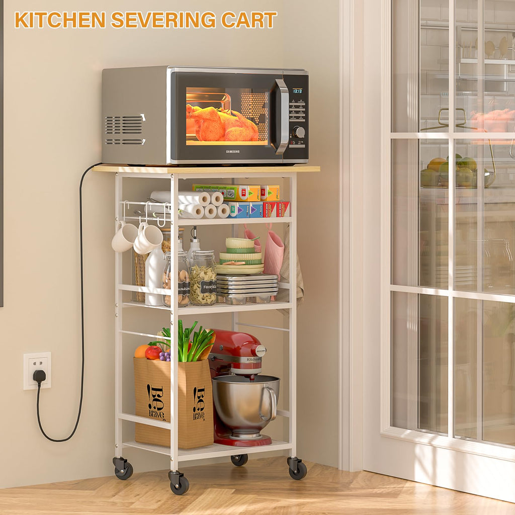 ThreeHio Rolling Kitchen Microwave Cart, 3 Tier Microwave Table Stand with Adjustable Shelf, Kitchen Storage Rack on Wheels, Coffee Station Cart Rack Shelf Organizer for Living Room Office, Balcony