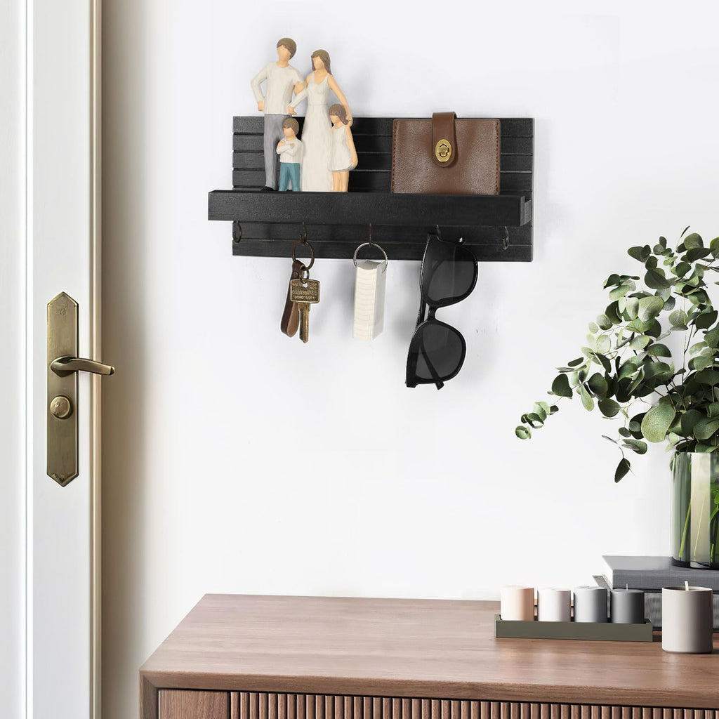 Decorative Key Holder for Wall with Shelf, Entryway Shelf with Hooks Holds Leashes, Jackets and Glasses – Sturdy Wood Keyholder Entrance Hanger with Mounting Hardware (Black, Medium)