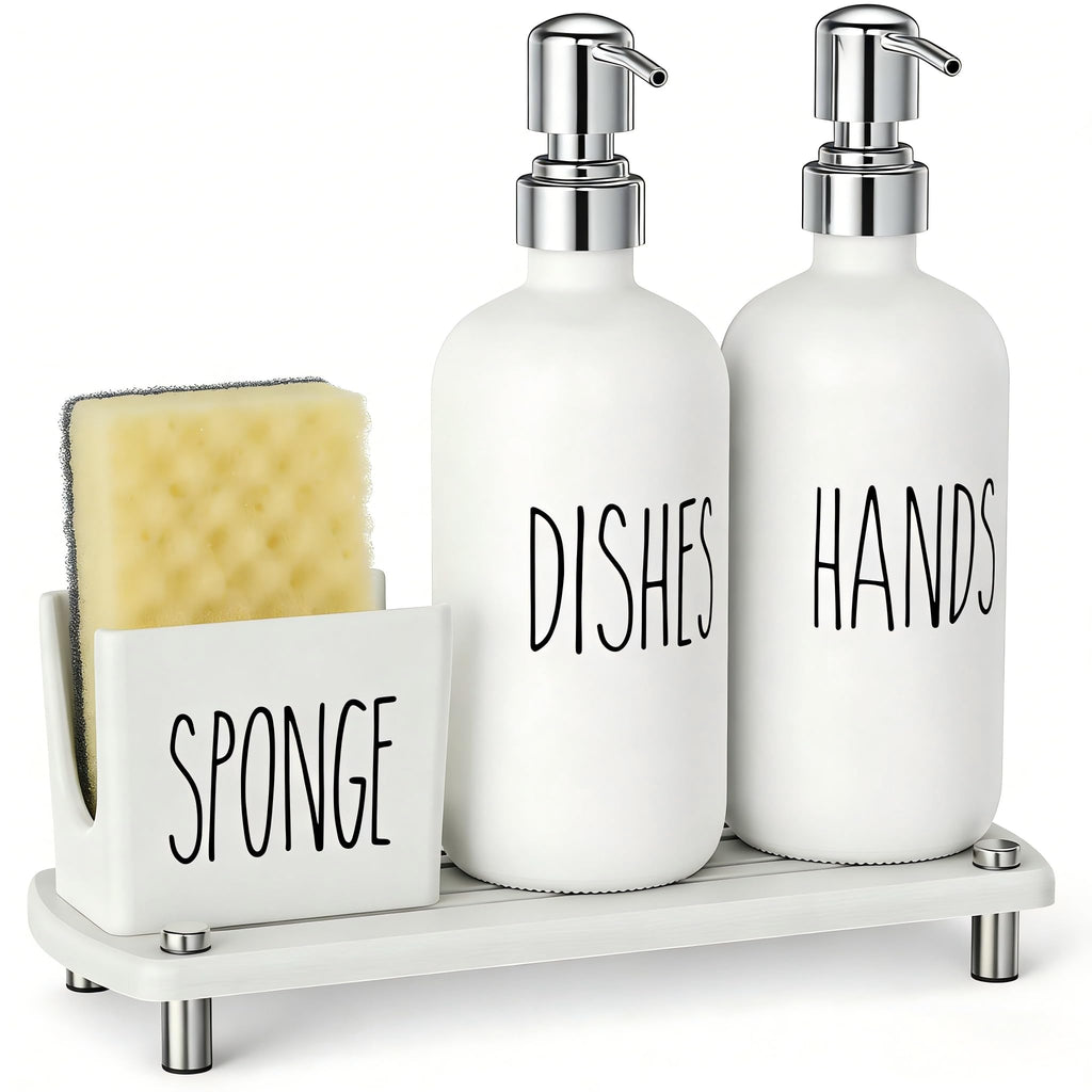 Cisily Kitchen Soap Dispenser Set Comes with Ceramics Sponge Holder, Gold Pumps, and Instant Dry Tray, Hand and Dish Soap Dispenser Set (4, Gold + White + Sponge Holder)
