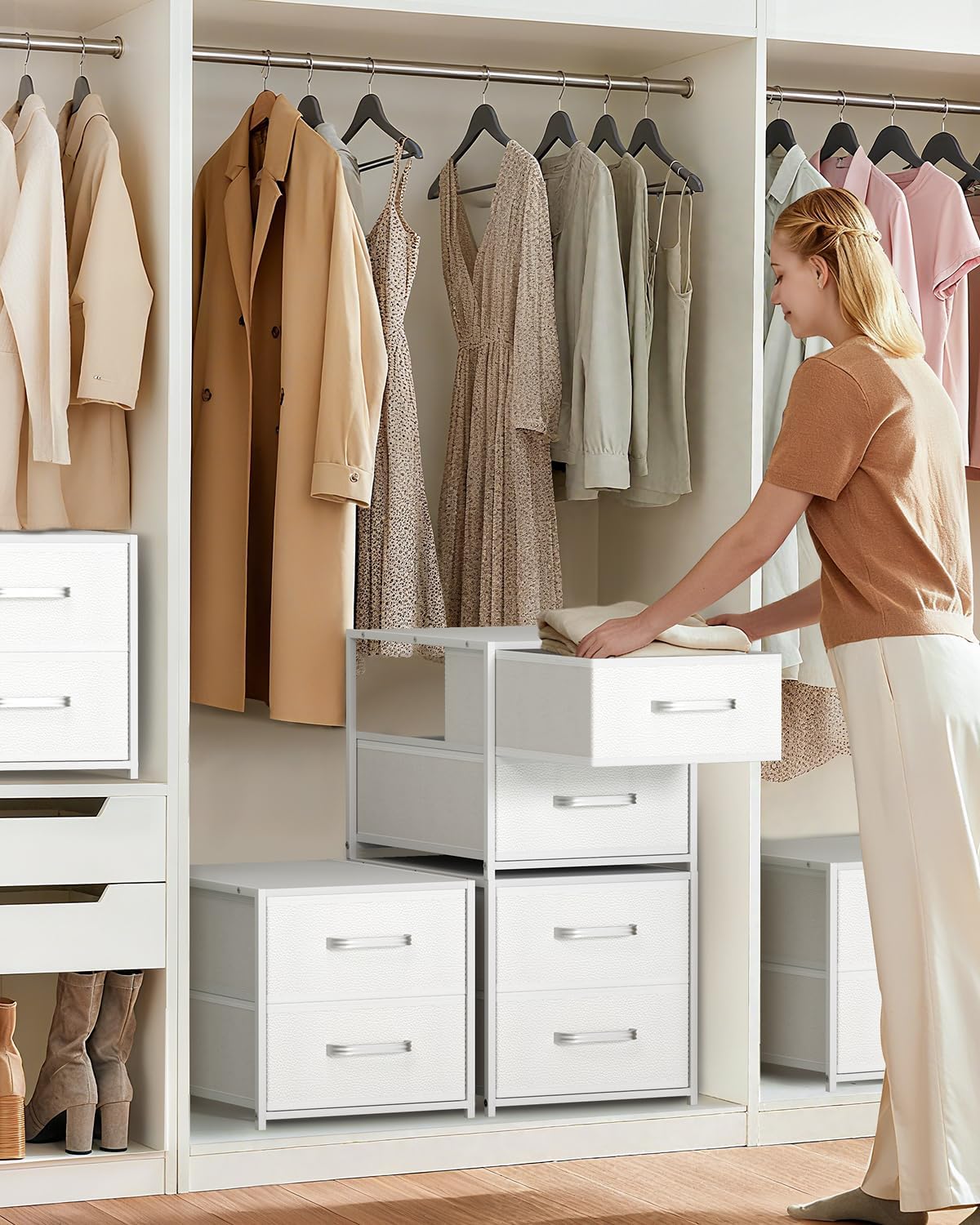 Homsorout Stackable Storage Drawers - 2 Tier Closet Organizer with Metal Handles and Metal Frame, Collapsible Fabric Bins Dresser for Bedroom, Dorm, Office, White, 1 Pack