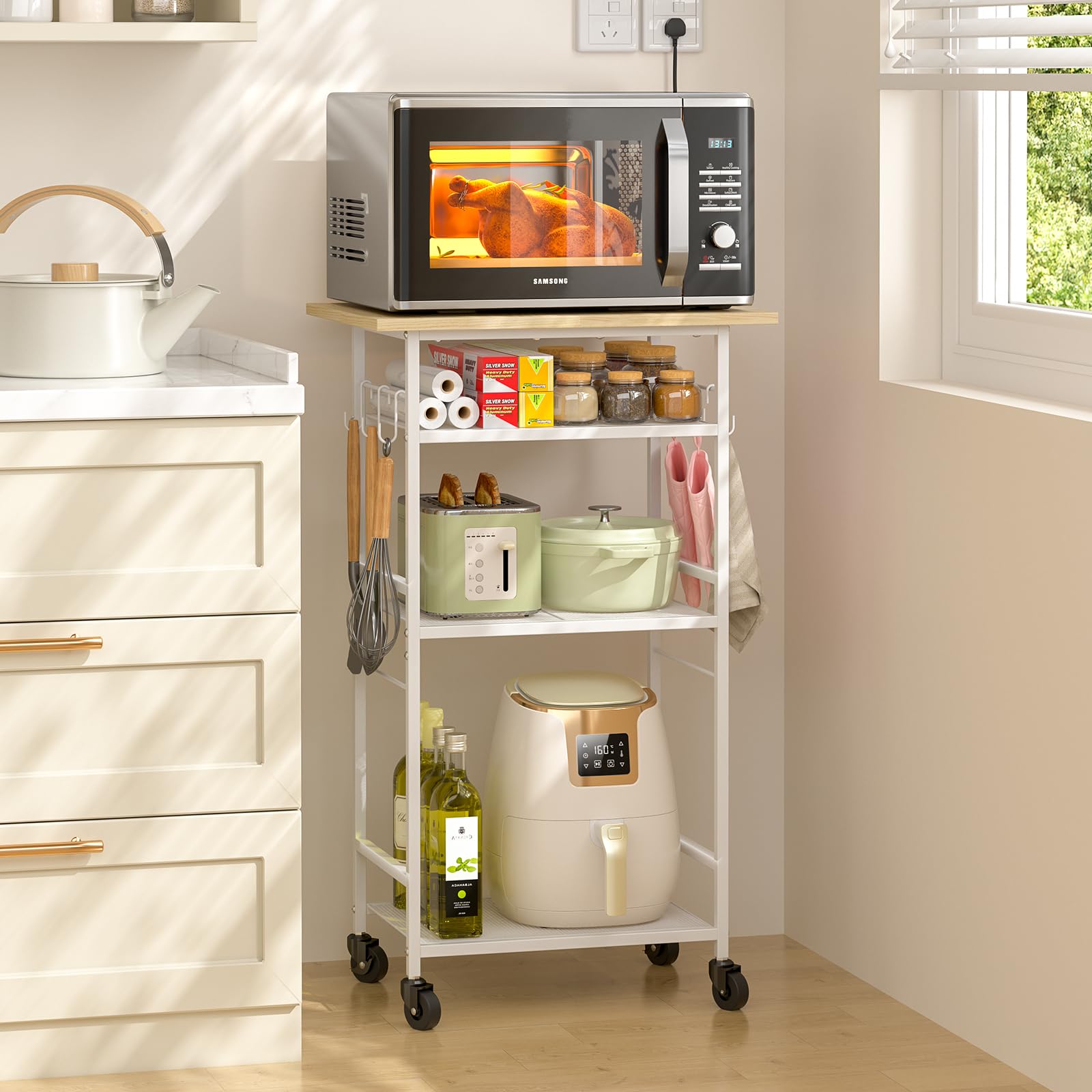 ThreeHio Rolling Kitchen Microwave Cart, 3 Tier Microwave Table Stand with Adjustable Shelf, Kitchen Storage Rack on Wheels, Coffee Station Cart Rack Shelf Organizer for Living Room Office, Balcony