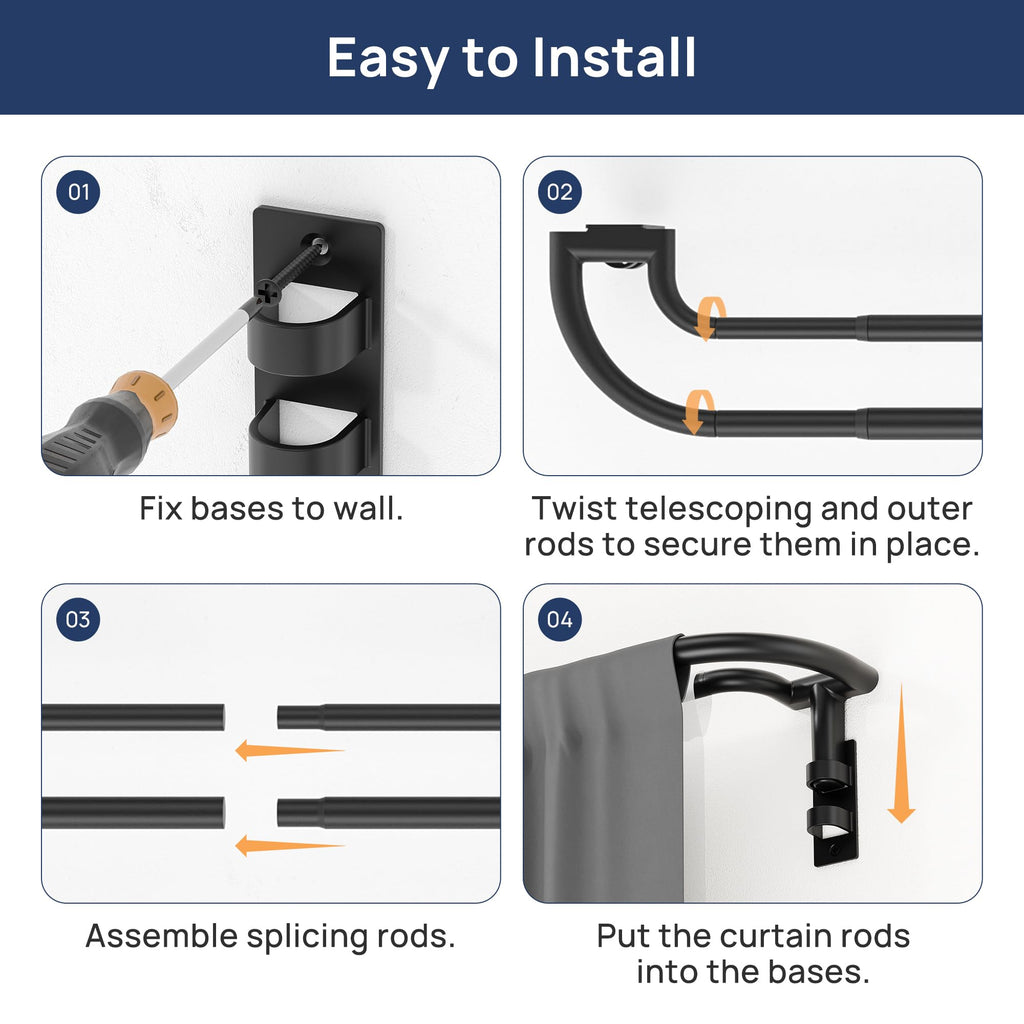 ENJOYBASICS Double Curtain Rod，Blackout Wrap-Around Curtain Rods for Windows 72 to 144 Inch，Adjustable from 32 to 144 Inch for Room Darkening Curtains, Matte Black