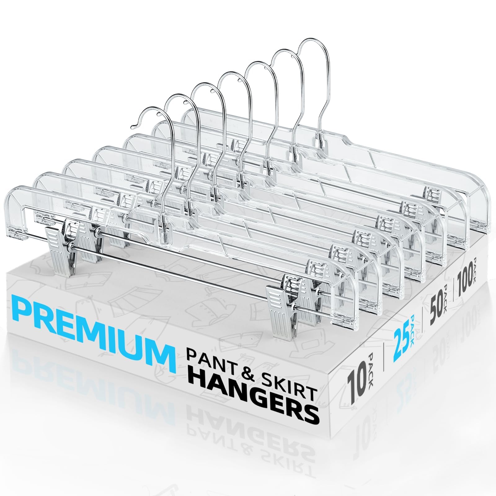 HOUSE DAY 50 Pack 14 inch Clear Plastic Pants Hangers with Clips, Skirt Hangers, Clip Hangers for Pants, Trouser Bulk Plastic Pant Hangers